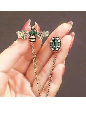Bee Brooch Rhinestone Green Emerald Pin Pearl Glam Double Chain Stunning Stylish
